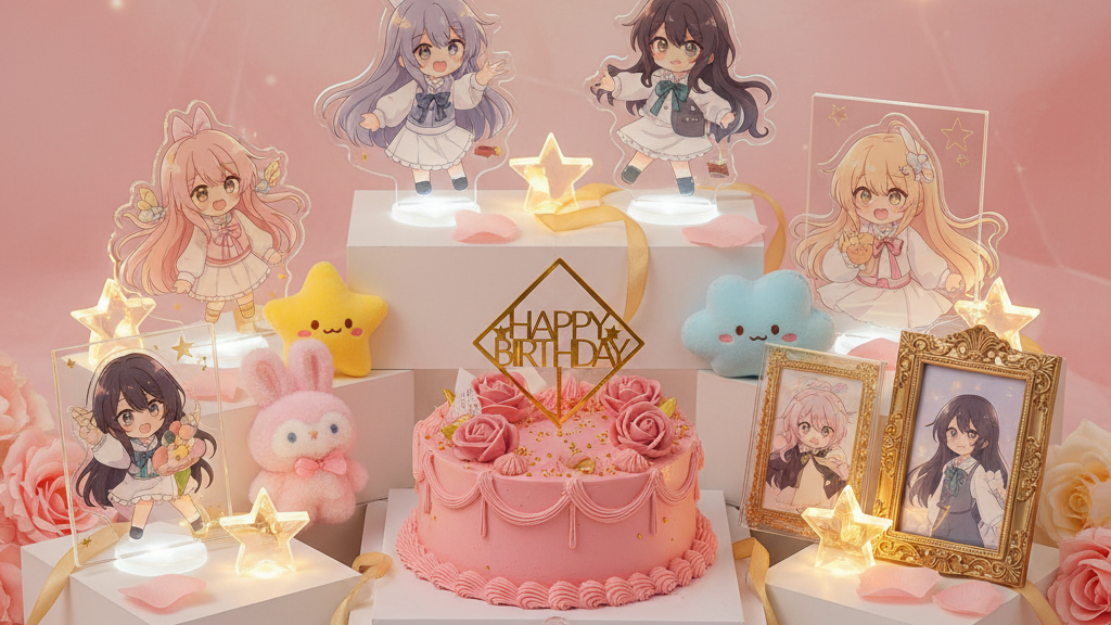 段差をつけて飾られた推し祭壇のイメージ、アクスタやケーキが並ぶ