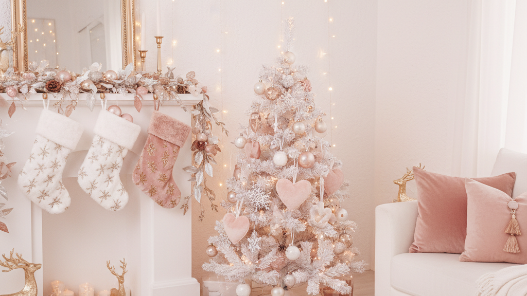 白×ピンク×ゴールドのクリスマスデコレーションで飾られた明るい部屋