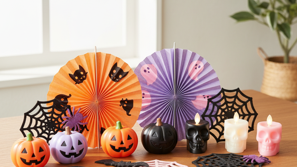 100均で手に入るハロウィンアイテム：ミニかぼちゃ・コウモリステッカー・ペーパーファン・スカルキャンドル