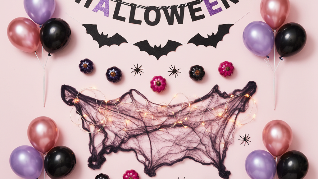 ハロウィンの基本デコアイテムを並べたフラットレイ：ガーランド・バルーン・LEDライト・ミニかぼちゃ