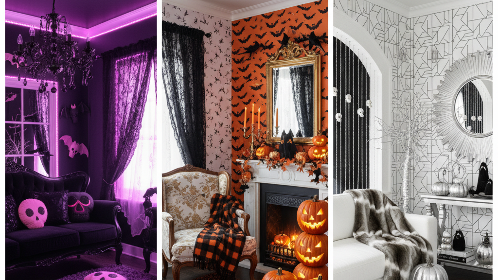 ハロウィンの3つのカラーパレット例：黒×紫×ピンク、オレンジ×黒×ゴールド、白×黒×シルバー