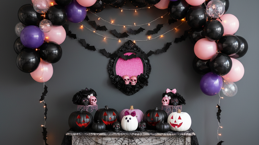 壁1面にバルーンアーチやガーランドを集中させたハロウィンのフォトスポット