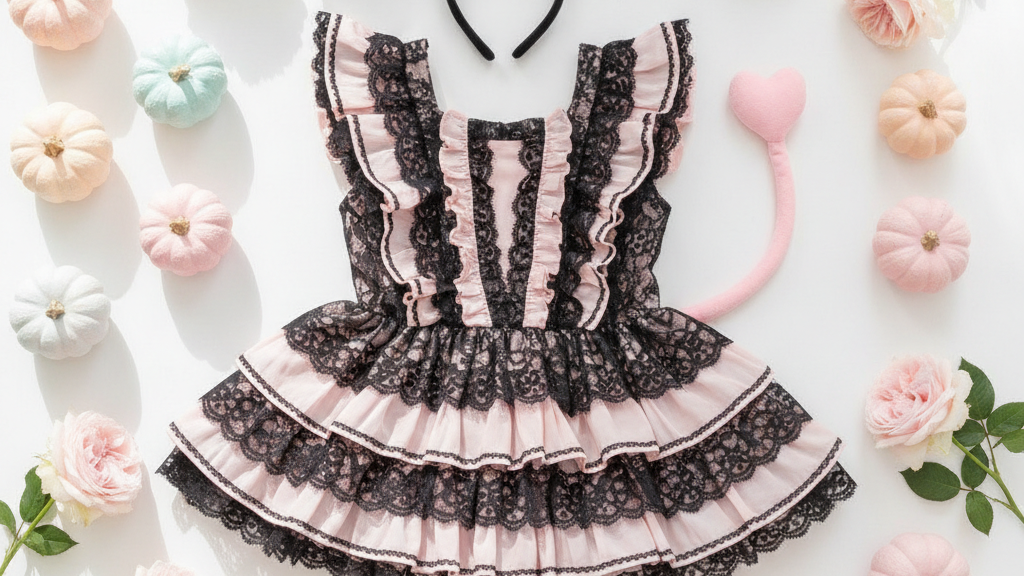 黒×ピンクのフリルワンピースに、黒いツノのカチューシャとピンクのハートの尻尾、パステルカラーのかぼちゃを合わせたコーデ