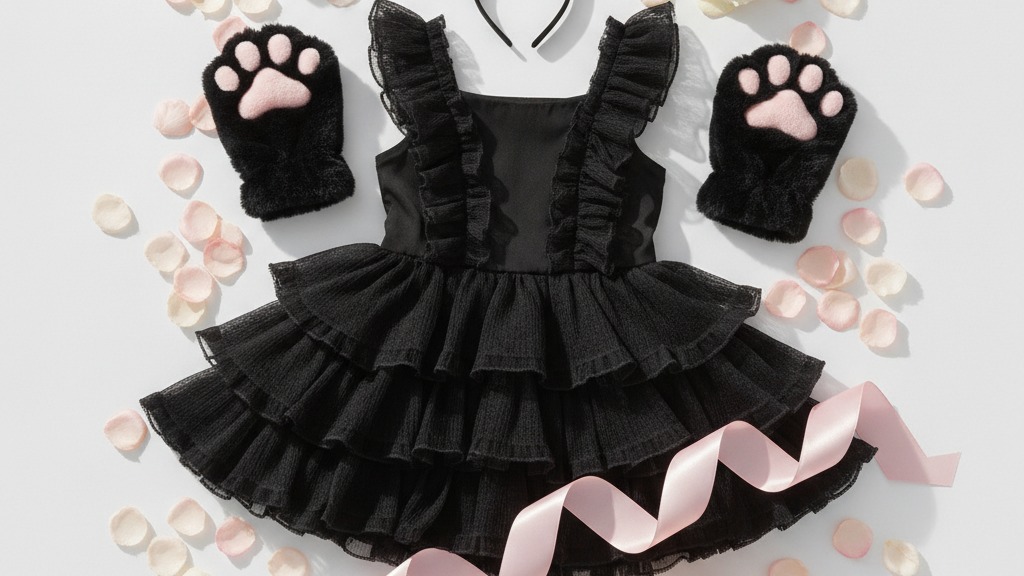 黒いフリルワンピースに、黒い猫耳のカチューシャ、黒×ピンクの肉球グローブ、ピンクのリボンを合わせたコーデ