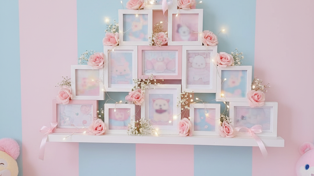 フレームやフェアリーライト、造花を組み合わせた推し写真コーナーのイメージ