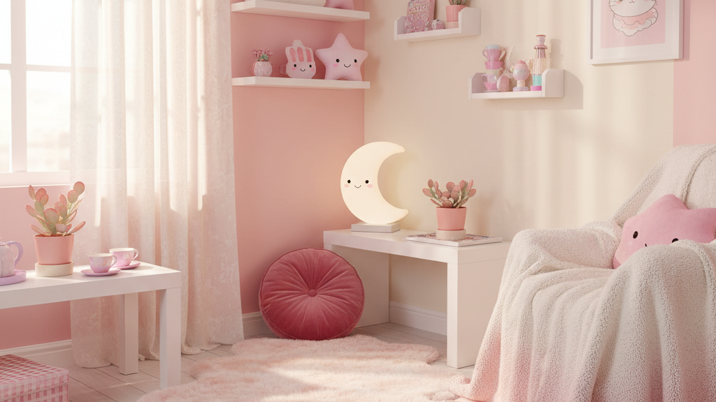 ふわふわのファーラグが敷かれたパステルピンクの部屋