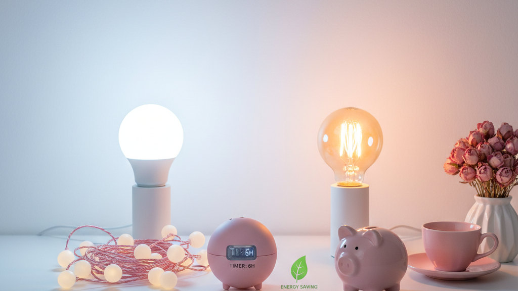LED電球と白熱灯の比較、タイマー付きストリングライト