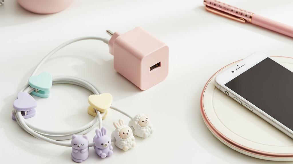 パステルカラーの充電器・ケーブルバイト・ワイヤレス充電パッドのフラットレイ
