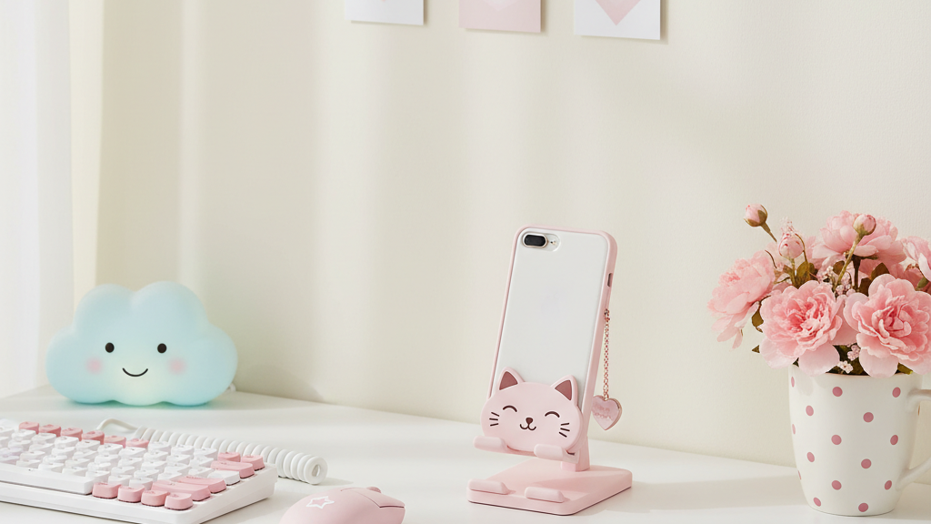 パステルピンクのかわいいスマホスタンドがあるデスク