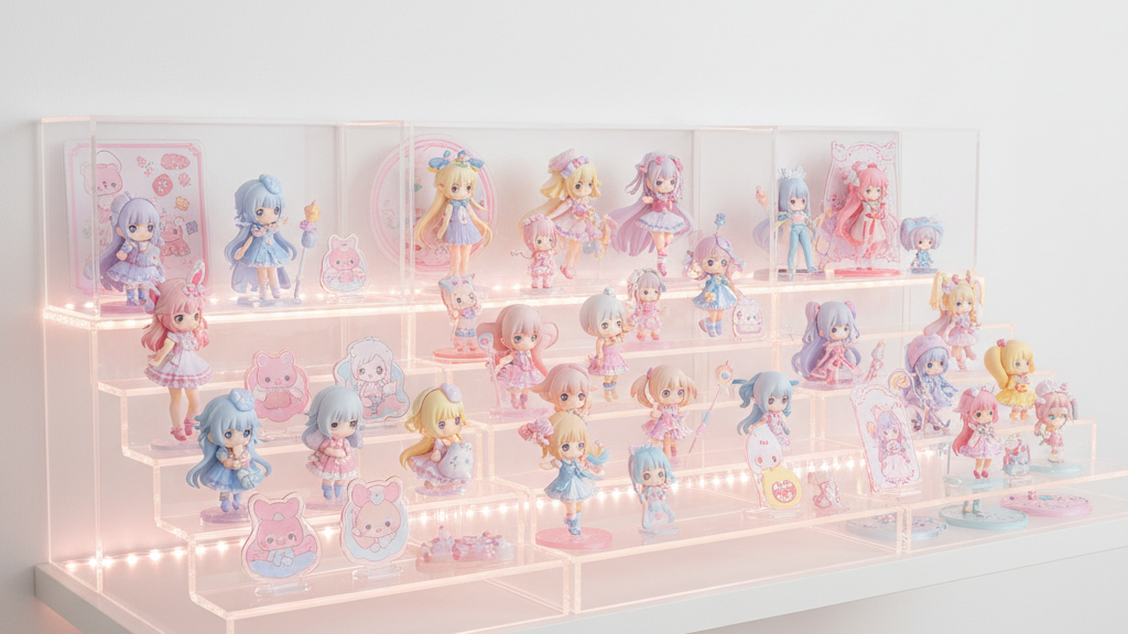 アクリルケースとひな壇ライザーに並んだフィギュアとアクスタ