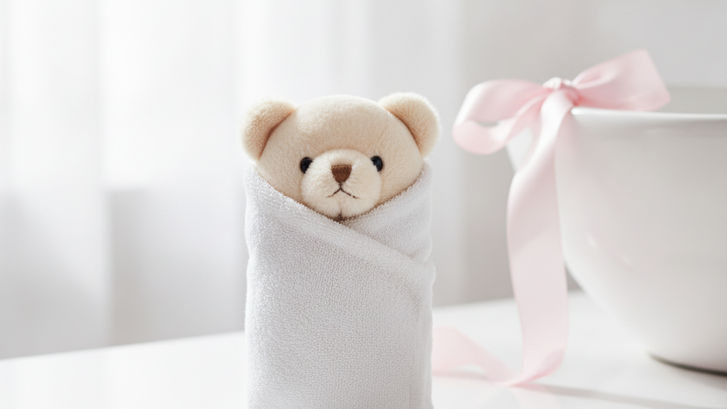 タオルにくるんで水気を取っているぬいぐるみ。強く絞らず上から軽く押すのがポイントです