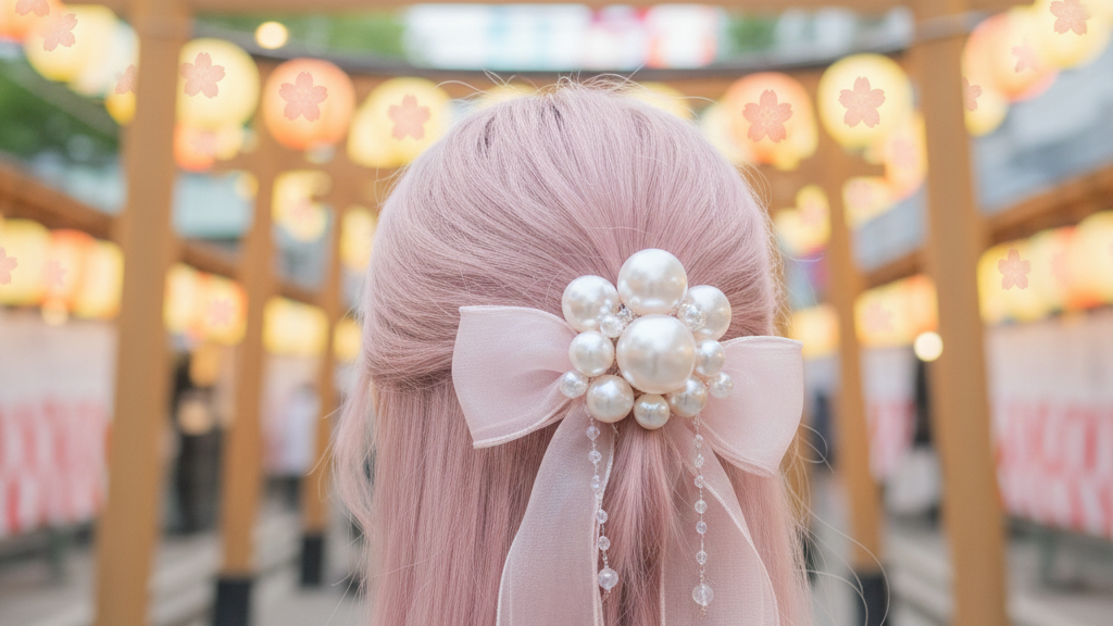 ロングヘアのハーフアップ+パールリボンクリップのイメージ