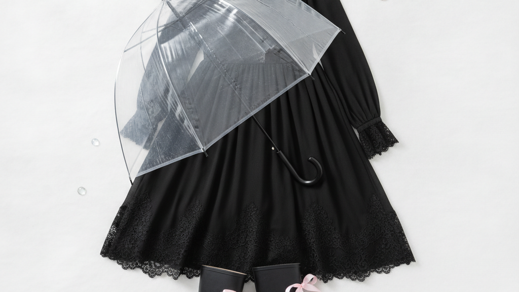 地雷系 雨の日 ブラックドレス・ゴシックレース フラットレイ